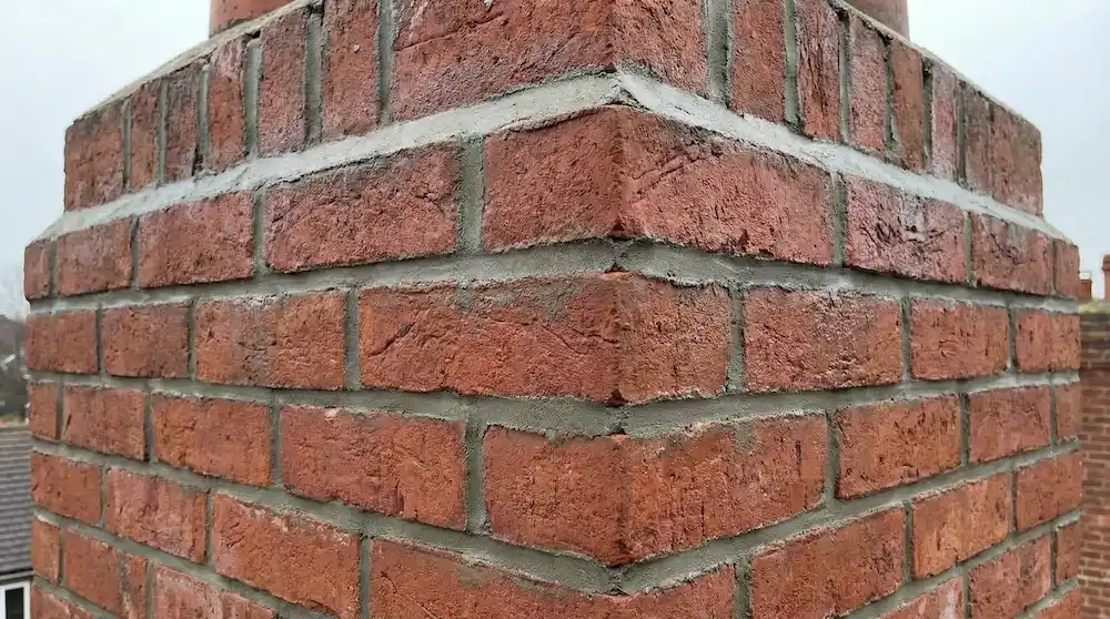 Repointed red brick chimney stack with fresh mortar
