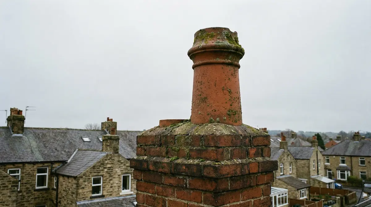 Red clay chimney pot on a brick chimney stack over rooftops