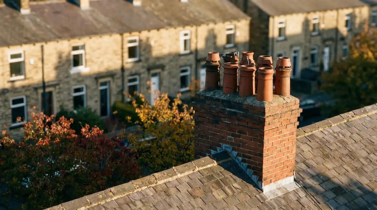 Terraced York rooftops with brick chimney stacks