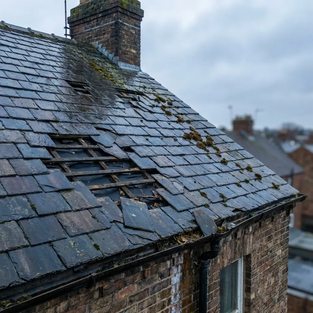 Slate roof and chimney stack with slipped tiles awaiting survey in York