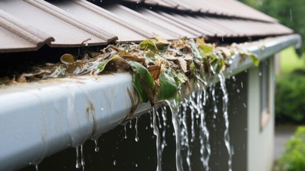 Badly blocked gutter overflowing with moss and plant growth before clearing