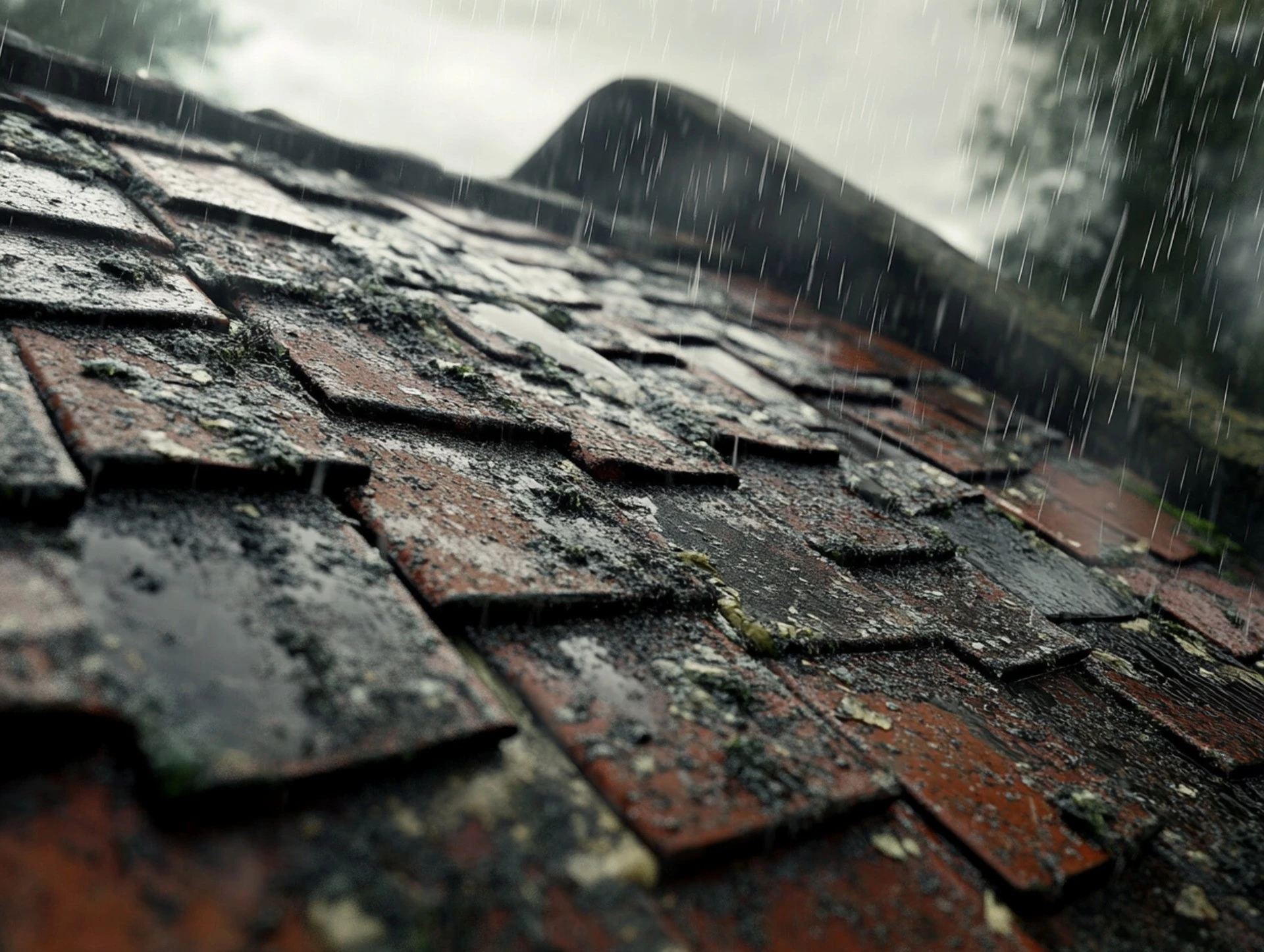 Heavy rain driving onto a damaged roof during a storm